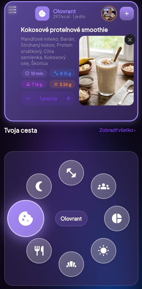 Aktuálna obrazovka Dnes v Svaliu: olovrant s kokosovým proteínovým smoothie a orbital menu
